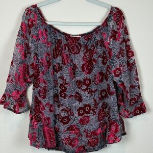 Democracy Burgundy/Black Sheer Floral Blouse with Ruffle Hem/Cuffs; Size XL